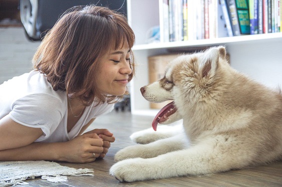 A woman lies on the floor talking with her puppy